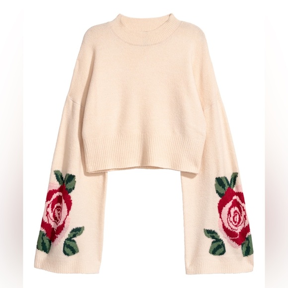 H&M Sweaters - H&M Cream Cropped Turtleneck Sweater with Red Rose Motif